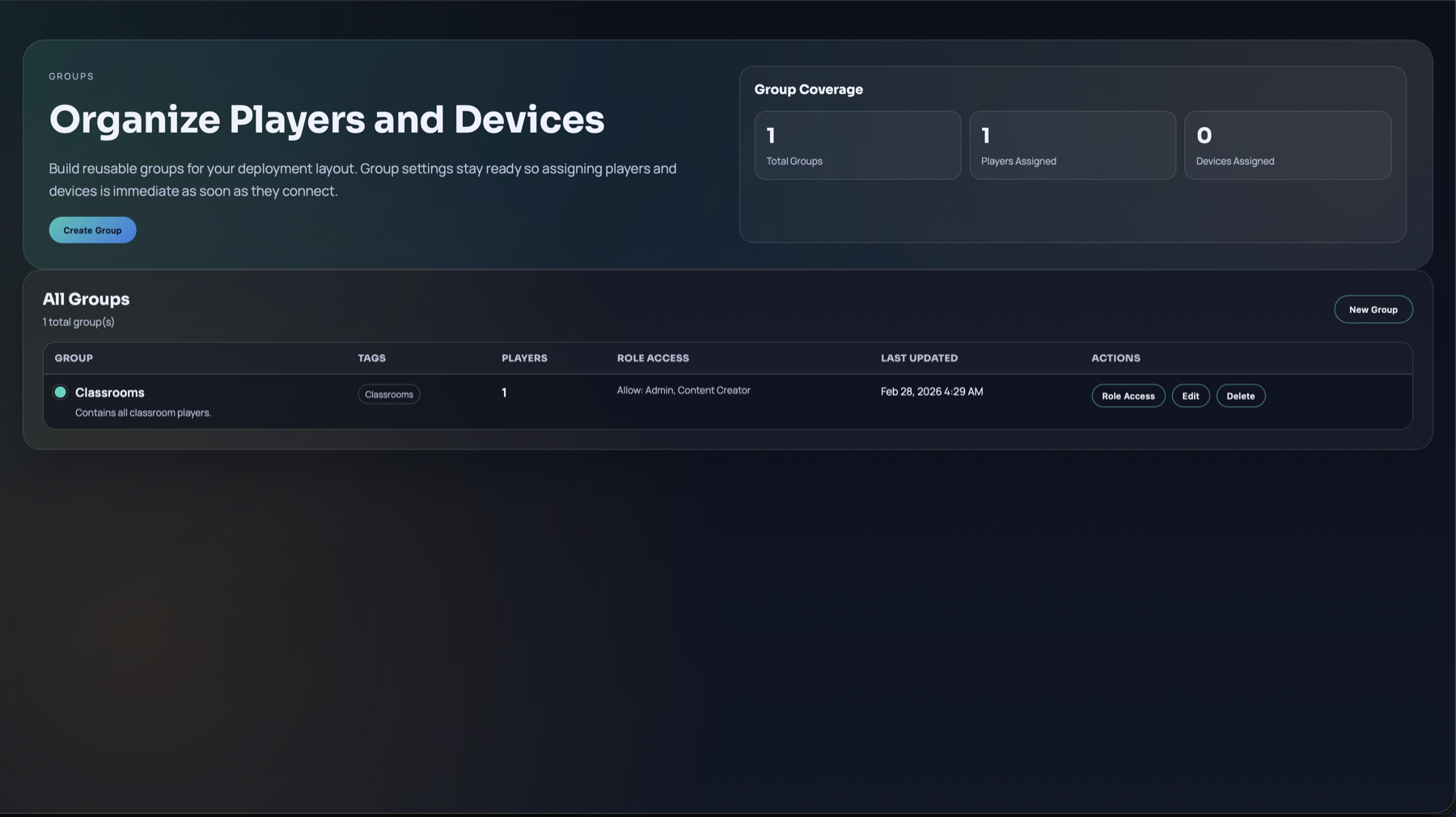 Groups interface showing players and role access by group