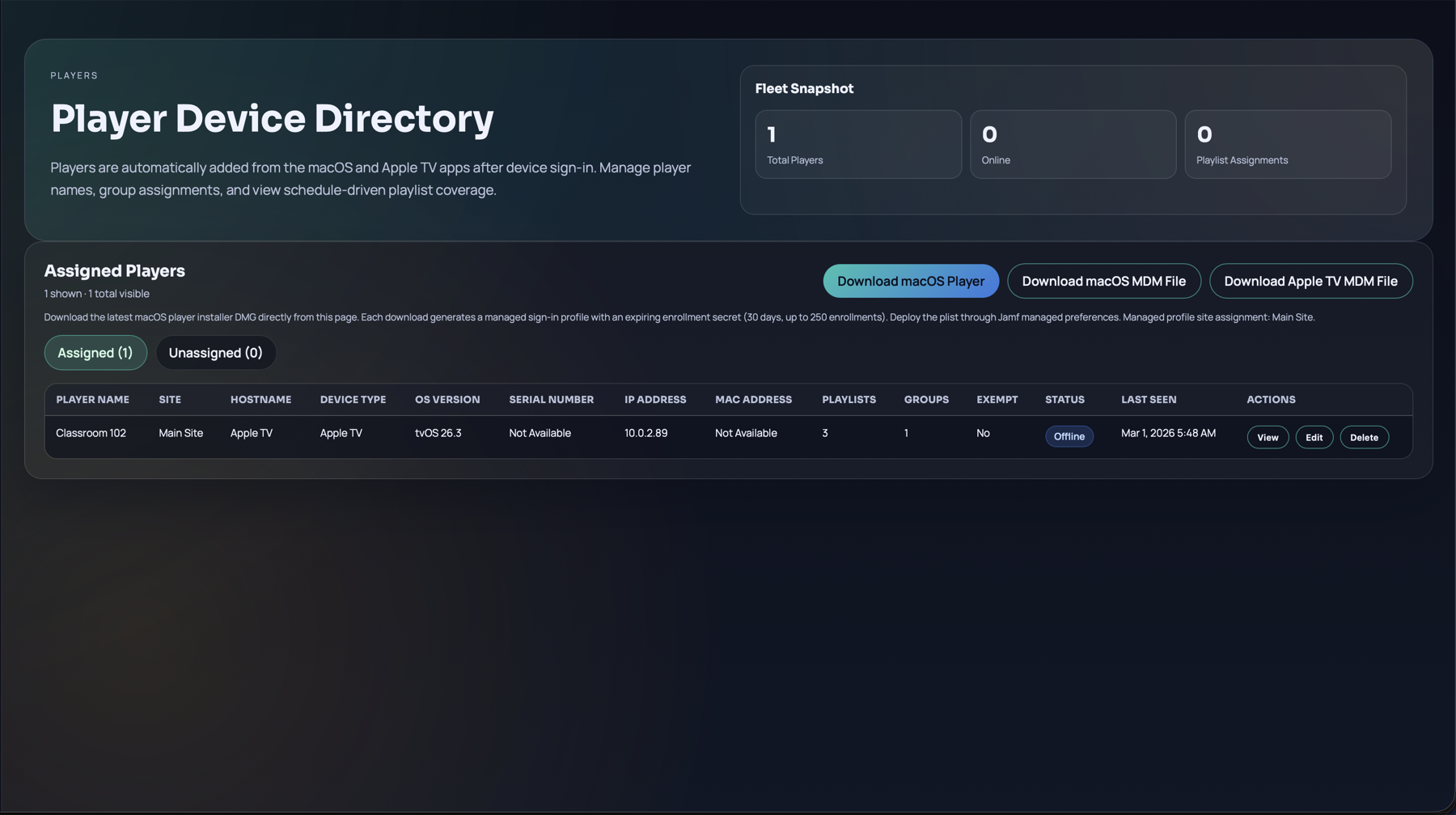 Player device directory with status, assignment, and last seen fields