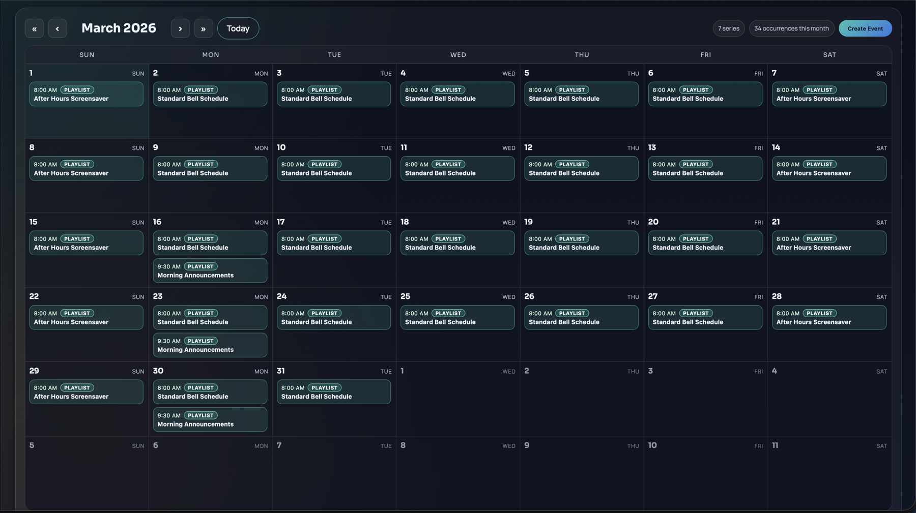 Monthly scheduling calendar with recurring playlist events
